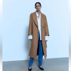 NWT ZARA Belted Double Breasted Wool Blend Coat Size Xs